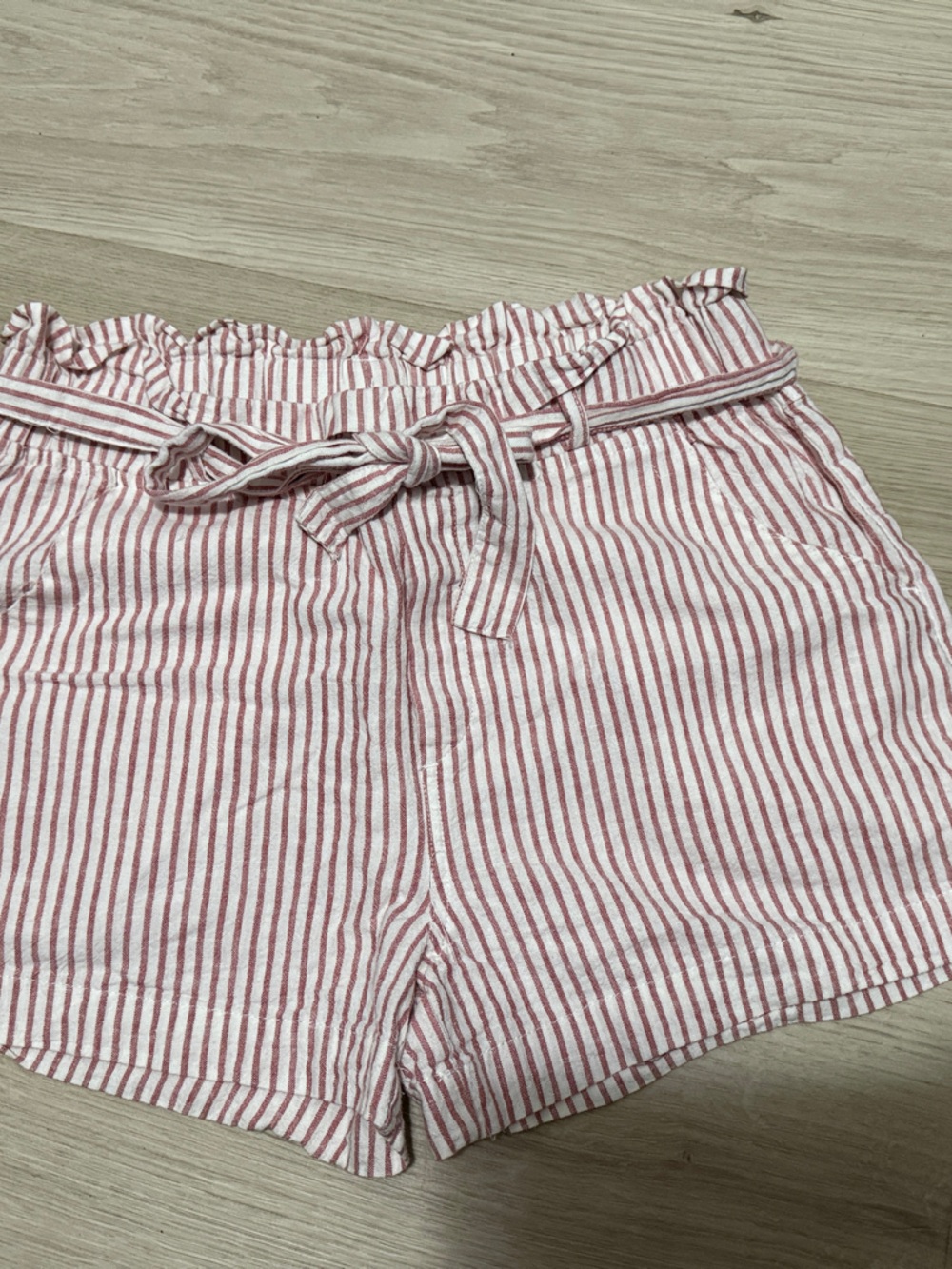 Thread & Supply Pink and White Striped High-Waist Paperbag Shorts